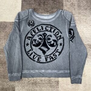 Affliction Live Fast Sweatshirt Womens Small Gray Distressed Fleur De Lis Y2K
